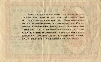 Bon de 50 centimes - N� 58105 - Emission du 15 d�cembre 1918 - Ville de Colmar - dos