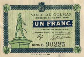 Bon de 1 franc - Série B - n° 90225 - Emission du 15 décembre 1918 - Ville de Colmar - face