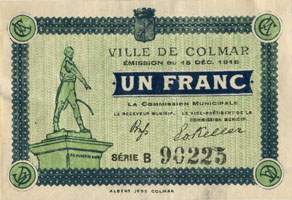 Bon de 1 franc - S�rie B - n� 90225 - Emission du 15 d�cembre 1918 - Ville de Colmar - face