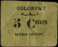 Bon de 5 centimes - Commune de Colonfay - Le Maire, Leblanc - face