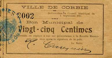 Bon Municipal de 25 centimes - Ville de Corbie - Délibération du Conseil Municipal du 3 septembre 1914 - face