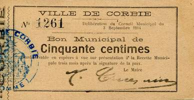 Bon Municipal de 50 centimes - Ville de Corbie - Délibération du Conseil Municipal du 3 septembre 1914 - face