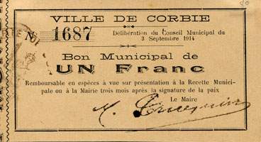 Bon Municipal de 1 franc - Ville de Corbie - Délibération du Conseil Municipal du 3 septembre 1914 - face