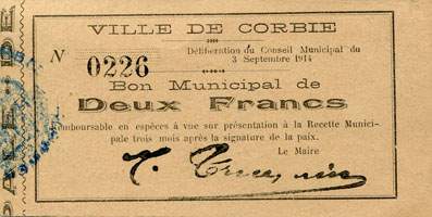 Bon Municipal de 2 francs - Ville de Corbie - Délibération du Conseil Municipal du 3 septembre 1914 - face