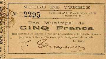 Bon Municipal de 5 francs - Ville de Corbie - Délibération du Conseil Municipal du 3 septembre 1914 - face