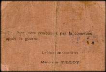 Bon de 2 francs - Commune de Courrières - Emission février 1915 - Courrières (Pas-de-Calais - 62) - dos