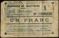 Bon de 1 francs - Commune de Courrières - Emission mars 1915 - Courrières (Pas-de-Calais - 62) - face