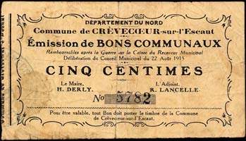 Bon de 5 centimes - Crèvecoeur-sur-l'Escaut - Délibération du 22 août 1915 - face