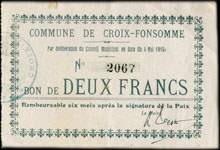 Bon de 2 francs - Commune de Croix-Fonsomme - Par délibération du Conseil Municipal en date du 4 mai 1915 - face