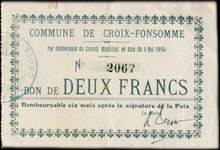 Bon de 2 francs - Commune de Croix-Fonsomme - Par d�lib�ration du Conseil Municipal en date du 4 mai 1915 - face