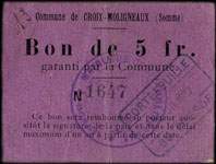 Bon de 5 francs - 26 - 4 - 1915 - Commune de Croix-Moligneaux - face