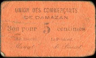 Bon de 5 centimes - Union des Commerçants de Damazan (Lot-et-Garonne - 47) - face