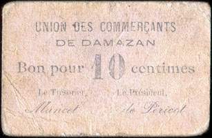 Bon de 10 centimes - Union des Commerçants de Damazan (Lot-et-Garonne - 47) - face