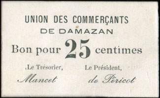 Bon de 25 centimes - Union des Commerçants de Damazan (Lot-et-Garonne - 47) - face