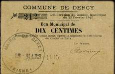 Bon Municipal de 10 centimes de la Commune de Dercy - D�lib�ration du Conseil Municipal du 22 f�vrier 1915 - face