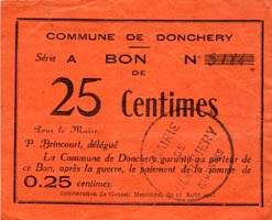 Bon 25 centimes de la Commune de Donchery (Ardennes - 08) - face