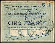 Bon de 5 francs - série D.5. de la Ville de Douai - Bons communaux, Emission de 1914 - face