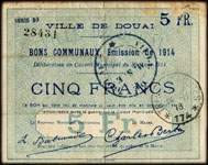 Bon de 5 francs - s�rie D.5. de la Ville de Douai - Bons communaux, Emission de 1914 - face