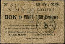 Bon de 25 centimes - s�rie D.1. de la Ville de Douai - D�lib�ration du 6 juin 1915 - face