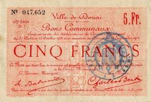 Bon de 5 francs - s�rie D.1. de la Ville de Douai - Bons communaux, Emission de 1914 - face