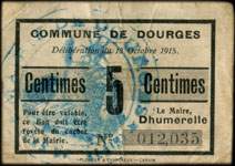Bon de 5 centimes - Commune de Dourges - Délibération du 18 octobre 1915 - face