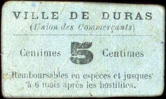 Bon de 5 centimes - Ville de Duras (Union des Commerçants) (Lot-et-Garonne - 47) - face