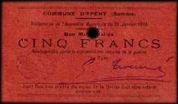 Bon de 5 francs de la Commune d'Epehy - Délibération de l'Assemblée Municipale du 31 janvier 1915 - face