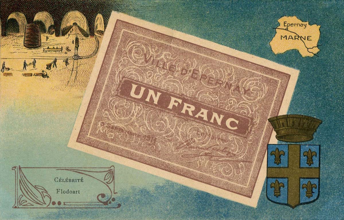 Carte postale portant un billet de 1 franc d'Epernay daté Septembre 1914