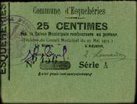 Bon de 25 centimes de la Commune d'Esquehéries - Délibération du Conseil Municipal du 23 mai 1915 - face
