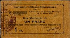 Bon de 1 franc - Etaves & Bocquiaux - délibération du Conseil Municipal du 31 mars 1915 - face