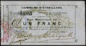 Bon municipal de un franc - Commune d'Etreillers - Délibération du Conseil Municipal du 19 février 1915 - face