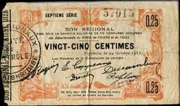 Bon de 25 centimes - Septi�me s�rie - num�ro 57015 - Fourmies, le 24 octobre 1915 - Bon r�gional - 173 communes - face