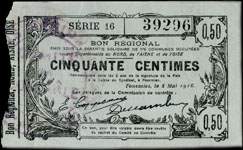 Bon de 50 centimes - Série 16 - numéro 39296 - Fourmies, 8 mai 1916 - Bon régional - 176 communes - face
