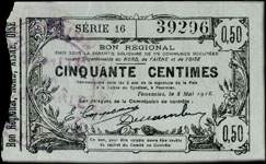 Bon de 50 centimes - S�rie 16 - num�ro 39296 - Fourmies, 8 mai 1916 - Bon r�gional - 176 communes - face