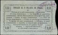 Bon de 50 centimes - Série 16 - numéro 39296 - Fourmies, 8 mai 1916 - Bon régional - 176 communes - dos