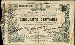 Bon de 50 centimes - Troisième série - numéro 69767 - Fourmies, le 24 octobre 1915 - Bon régional - 173 communes - face