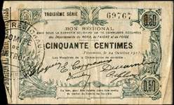 Bon de 50 centimes - Troisi�me s�rie - num�ro 69767 - Fourmies, le 24 octobre 1915 - Bon r�gional - 173 communes - face