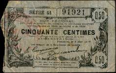 Bon de 50 centimes - Série 51 - numéro 91921 - Fourmies, 8 mai 1916 - Bon régional - 176 communes - face