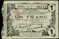 Bon de 1 franc - Série 11 - numéro 39112 - Fourmies, 8 mai 1916 - Bon régional - 176 communes - face