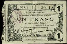 Bon de 1 franc - S�rie 11 - num�ro 39112 - Fourmies, 8 mai 1916 - Bon r�gional - 176 communes - face