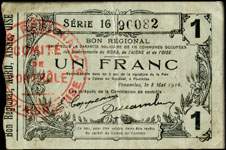 Bon de 1 franc - Série 16 - numéro 90082 - Fourmies, 8 mai 1916 - Bon régional - 176 communes - face