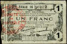 Bon de 1 franc - S�rie 16 - num�ro 90082 - Fourmies, 8 mai 1916 - Bon r�gional - 176 communes - face