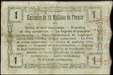 Bon de 1 franc - Série 16 - numéro 90082 - Fourmies, 8 mai 1916 - Bon régional - 176 communes - dos