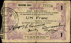 Bon de 1 franc - Deuxi�me s�rie - num�ro 22476 - Fourmies, le 24 octobre 1915 - Bon r�gional - 173 communes - face
