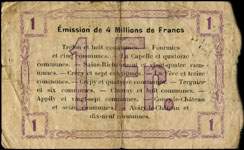 Bon de 1 franc - Deuxième série - numéro 22476 - Fourmies, le 24 octobre 1915 - Bon régional - 173 communes - dos