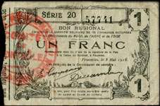 Bon de 1 franc - S�rie 20 - num�ro 57741 - Fourmies, 8 mai 1916 - Bon r�gional - 176 communes - face