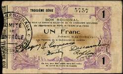 Bon de 1 franc - Troisième série - numéro 5757 - Fourmies, le 24 octobre 1915 - Bon régional - 173 communes - face