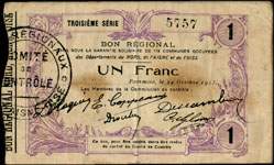 Bon de 1 franc - Troisi�me s�rie - num�ro 5757 - Fourmies, le 24 octobre 1915 - Bon r�gional - 173 communes - face