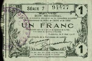 Bon de 1 franc - Série 7 - numéro 94477 - Fourmies, 8 mai 1916 - Bon régional - 176 communes - face