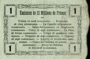 Bon de 1 franc - Série 7 - numéro 94477 - Fourmies, 8 mai 1916 - Bon régional - 176 communes - dos